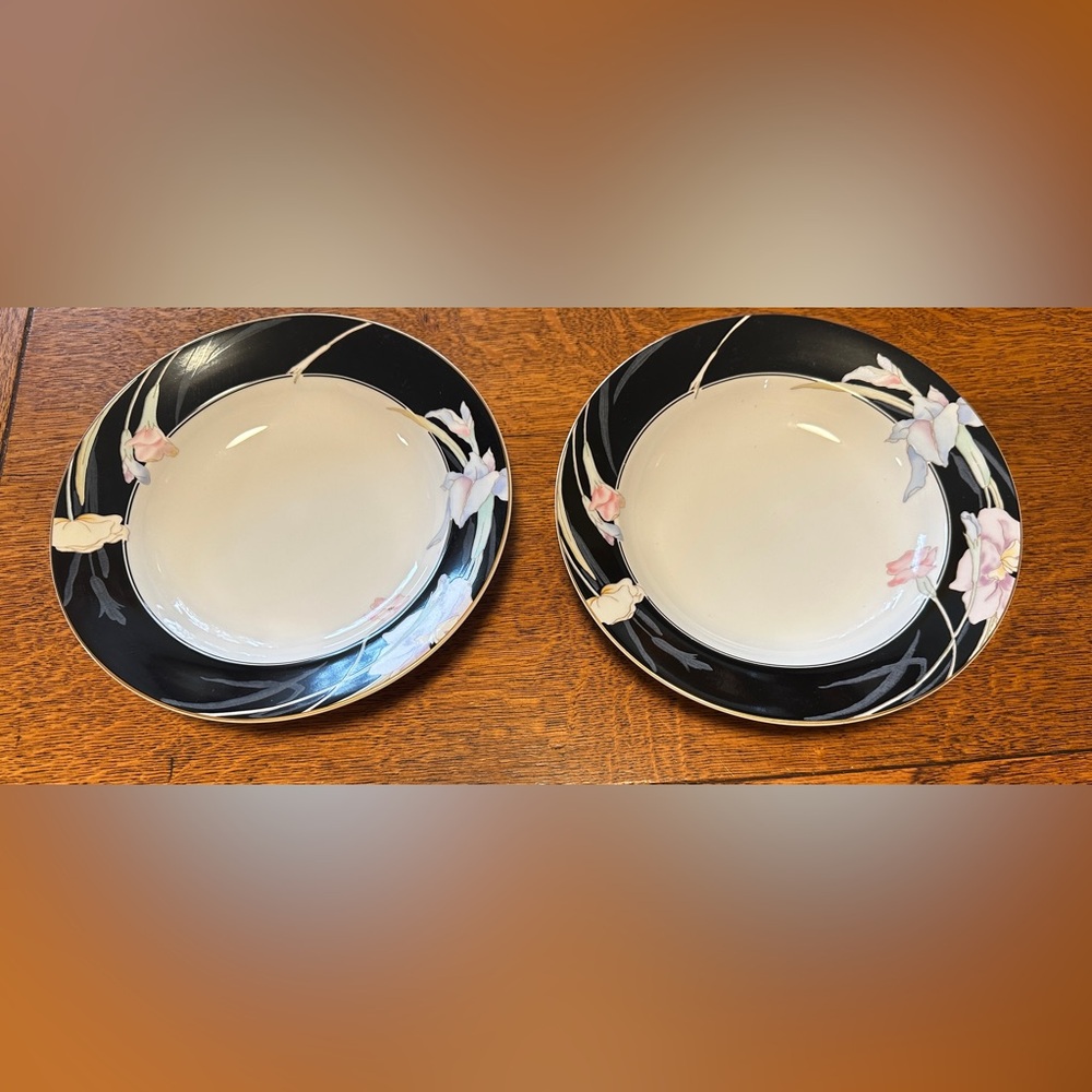 New Vintage Mikasa Charisma Floral Black Pink Porcelain China Dinnerware 2 Bowls